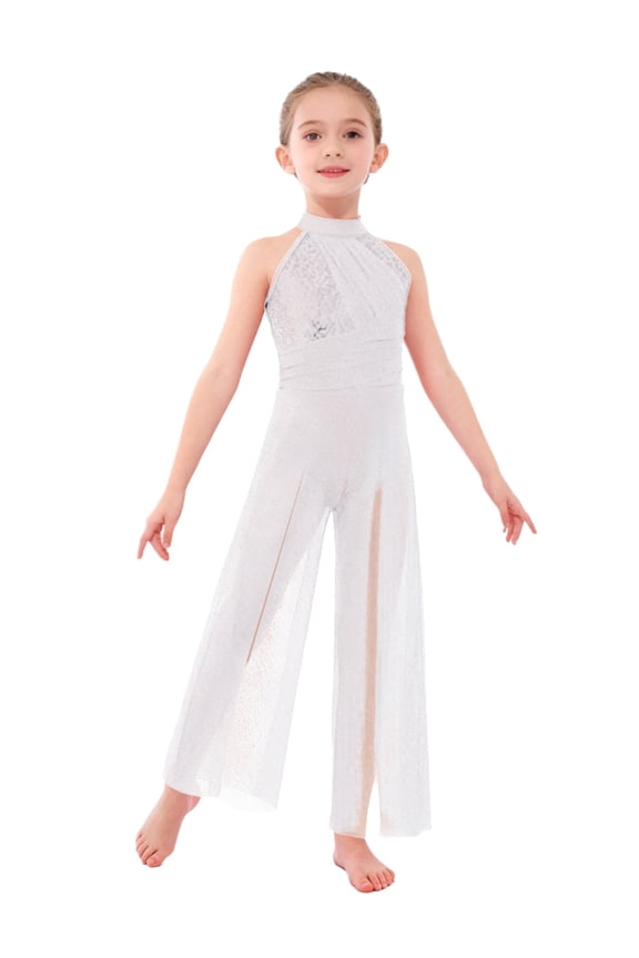 Kids Girls Modern Lyrical Dance Jumpsuit Shiny Sequin Shimmery Mesh Split Wide-Leg Bodysuit White 6