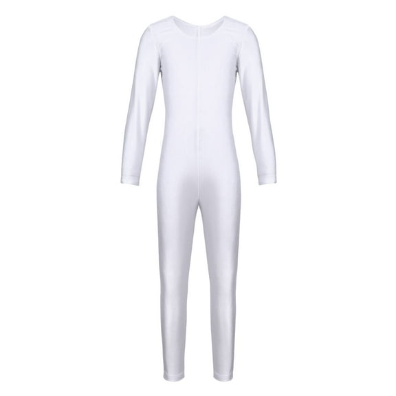 Raenseen Kids Girls One Piece Long Sleeves Gymnastics Leotard Full Length Bodysuit Jumpsuit Ballet White XL