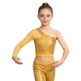 thumbnail image 1 of Raenseen Kids Girls One Shoulder Long Sleeve Shiny Sequins Dance Crop Top Gym T-Shirt Ballet Gymnastics Jazz Dancewear Gold 16, 1 of 7