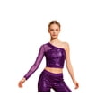 thumbnail image 1 of Raenseen Kids Girls One Shoulder Long Sleeve Shiny Sequins Dance Crop Top Gym T-Shirt Ballet Gymnastics Jazz Dancewear Purple 10, 1 of 7