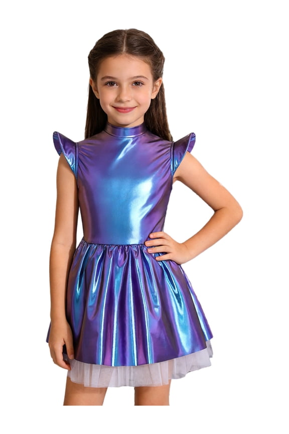 Kids Girls Outerspace Astronaut Dress Robot Dress Up Iridescent Glossy Flare Sleeve Ruffle Alien Tutu Dress Colorful 6