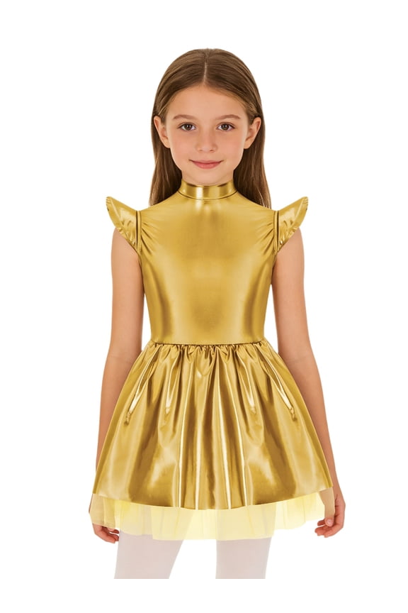 Kids Girls Outerspace Astronaut Dress Robot Dress Up Iridescent Glossy Flare Sleeve Ruffle Alien Tutu Dress Gold 14