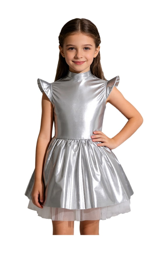 Kids Girls Outerspace Astronaut Dress Robot Dress Up Iridescent Glossy Flare Sleeve Ruffle Alien Tutu Dress Silver 8