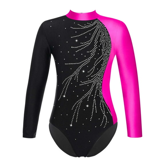 Raenseen Kids Girls Rhinestone Long Sleeve Gymnastics Leotard Figure Ice Skating Jumpsuit Dance Bodysuit Dancewear Rose 6