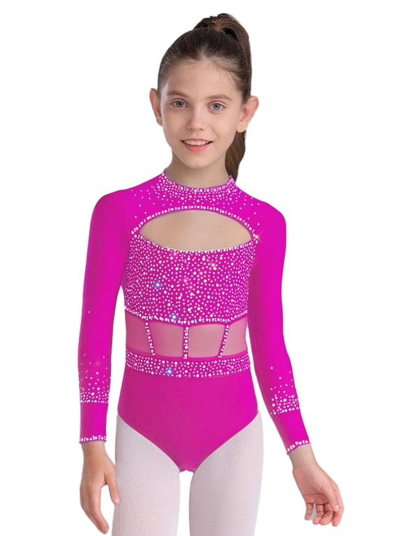 Kids Girls Rhinestones Gymnastics Ballet Dance Leotard Crew Neck Long Sleeve Cutout Front Bodysuit Hot Pink 8