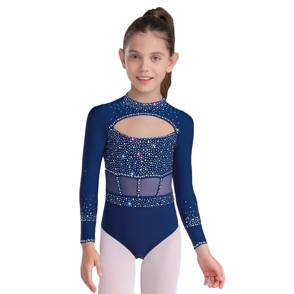 Raenseen Kids Girls Rhinestones Gymnastics Ballet Dance Leotard Crew Neck Long Sleeve Cutout Front Bodysuit Navy Blue 12