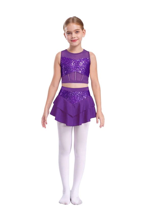 Kids Girls Sequin Ballet Lyrical Dance Dress Jazz Dance Outfit Shiny Crop Top and Skirt Cheer Team Uniform Purple 6