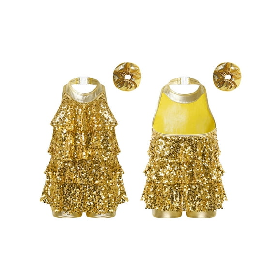 Raenseen Kids Girls Sequins Latin Jazz Hip Hop Ballet Dance Leotard Halter Tassel Mini Dress with Gold 4