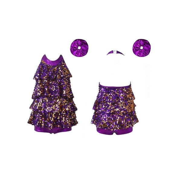 Raenseen Kids Girls Sequins Latin Jazz Hip Hop Ballet Dance Leotard Halter Tassel Mini Dress with Purple 4