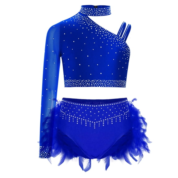 Raenseen Kids Girls Shiny Dance Crop Top and Feather Briefs Skirt Sparkly 2 Piece Jazz Ballet Gym Dance Outfit Blue 6