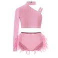 thumbnail image 1 of Raenseen Kids Girls Shiny Dance Crop Top and Feather Briefs Skirt Sparkly 2 Piece Jazz Ballet Gym Dance Outfit Pink 12, 1 of 7