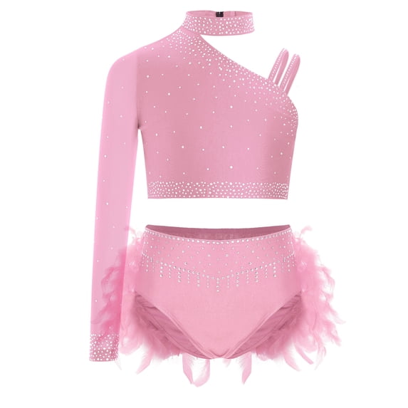 Raenseen Kids Girls Shiny Dance Crop Top and Feather Briefs Skirt Sparkly 2 Piece Jazz Ballet Gym Dance Outfit Pink 12