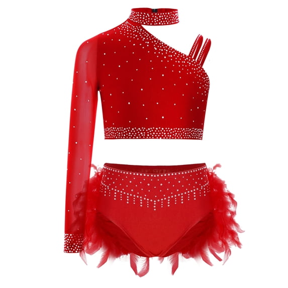 Raenseen Kids Girls Shiny Dance Crop Top and Feather Briefs Skirt Sparkly 2 Piece Jazz Ballet Gym Dance Outfit Red 10