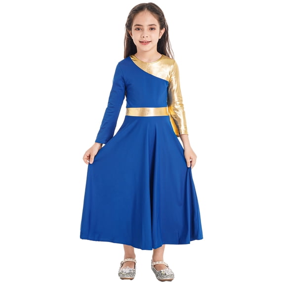 Raenseen Kids Girls Shiny Metallic Color Block Bell Sleeve Liturgical Praise Worship Dance Dress Lyrical Dancewear Royal Blue 10