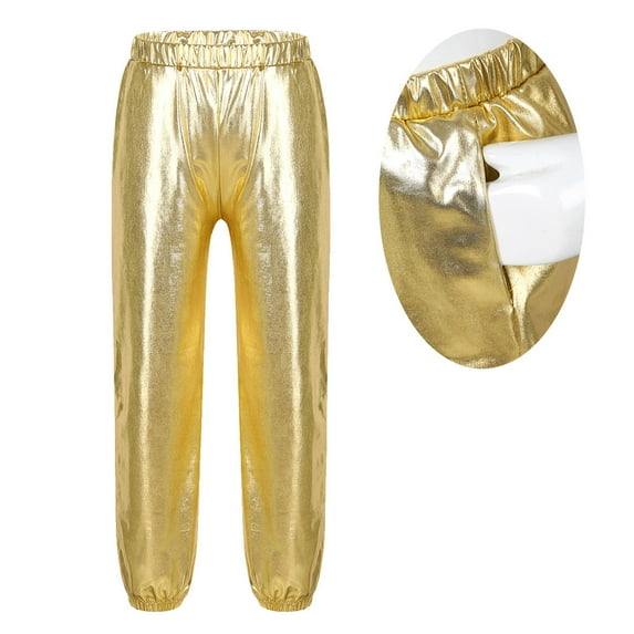 Raenseen Kids Girls Shiny Metallic Jazz Dance Pant Hip Hop Sport Leggings Sweatpant Dancewear Costume Gold 6