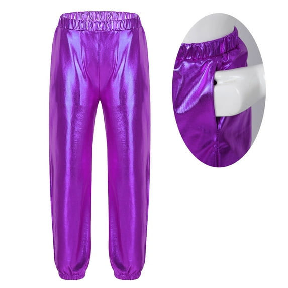 Raenseen Kids Girls Shiny Metallic Jazz Dance Pant Hip Hop Sport Leggings Sweatpant Dancewear Costume Purple 10