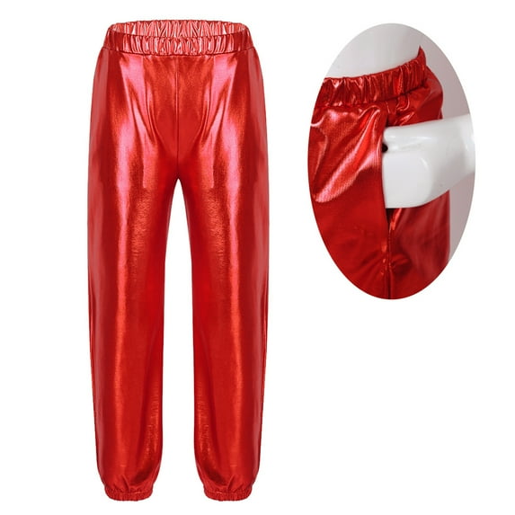 Raenseen Kids Girls Shiny Metallic Jazz Dance Pant Hip Hop Sport Leggings Sweatpant Dancewear Costume Red 10