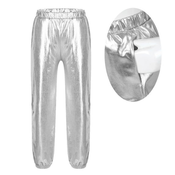 Raenseen Kids Girls Shiny Metallic Jazz Dance Pant Hip Hop Sport Leggings Sweatpant Dancewear Costume Silver 8