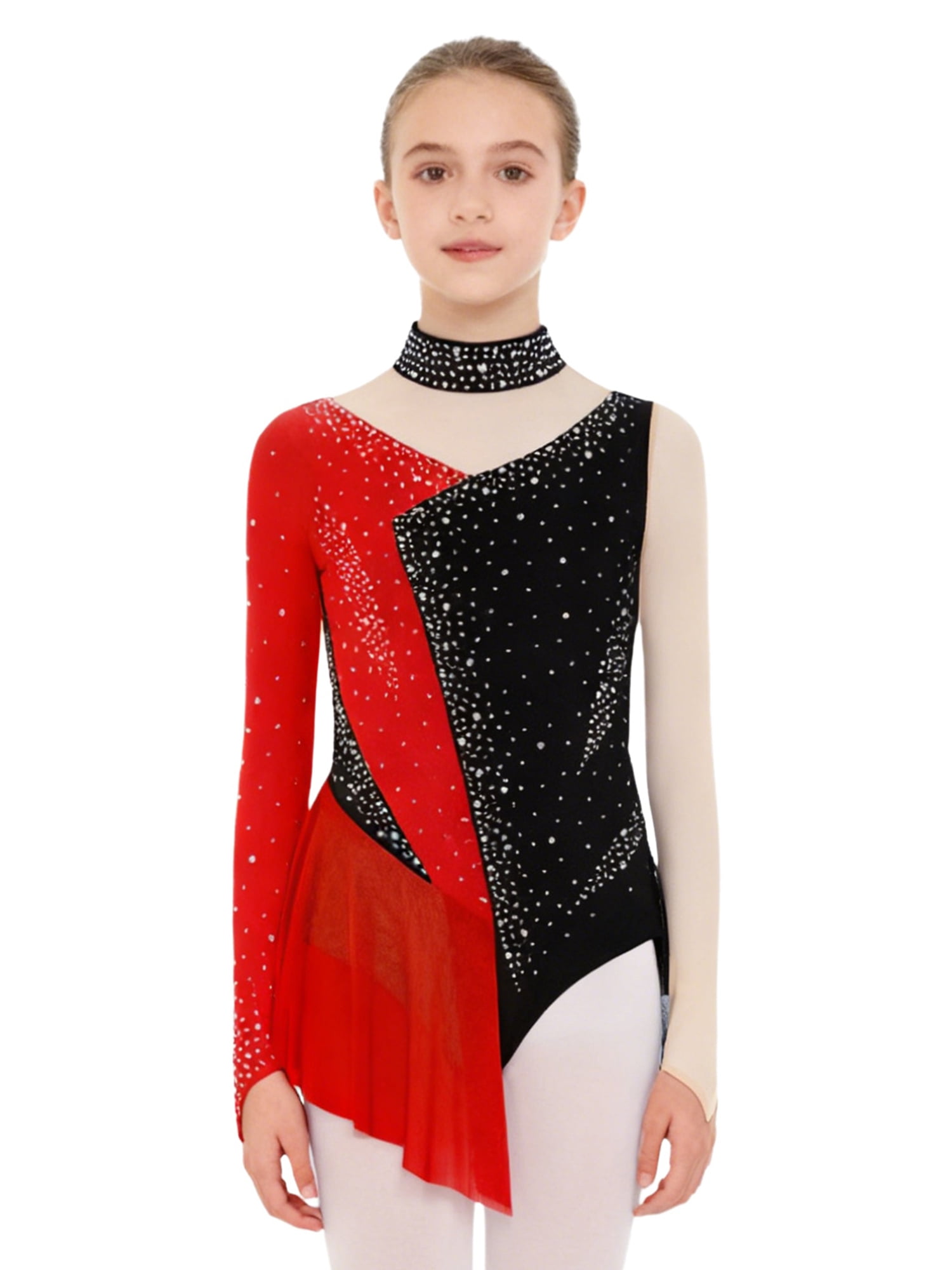 Raenseen Kids Girls Shiny Rhinestone Figure Ice Skating Dress Long ...