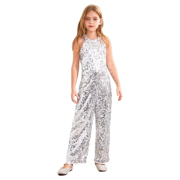 Raenseen Kids Girls Shiny Sequins Jazz Latin Dance Jumpsuit Sleeveless High Waist Pageant Romper Long Pants Silver 12