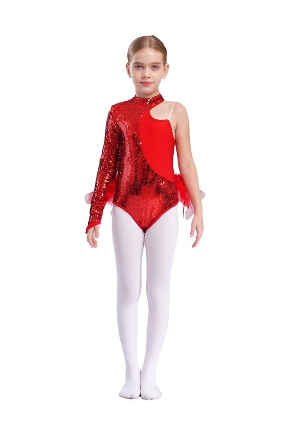 Kids Girls Single Long Sleeve Sequins Oblique Shoulder Strap Splice Mesh Dance Leotard Tutu Dress Dancewear Red 8