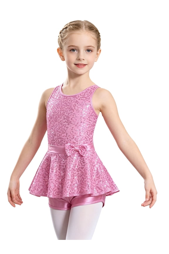 Girls Sleeveless Glittery Sequins Criss Cross Back Leotard Dress for Jazz Latin Ballet Pink 8