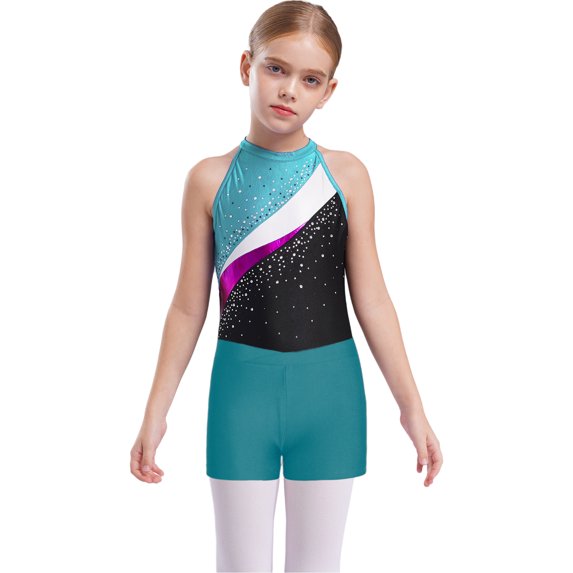 Raenseen Kids Girls Sleeveless Gymnastics Leotard Ballet Dance Biketard Unitard with Shorts Hair Tie Set Swimsuit Lake Blue 6