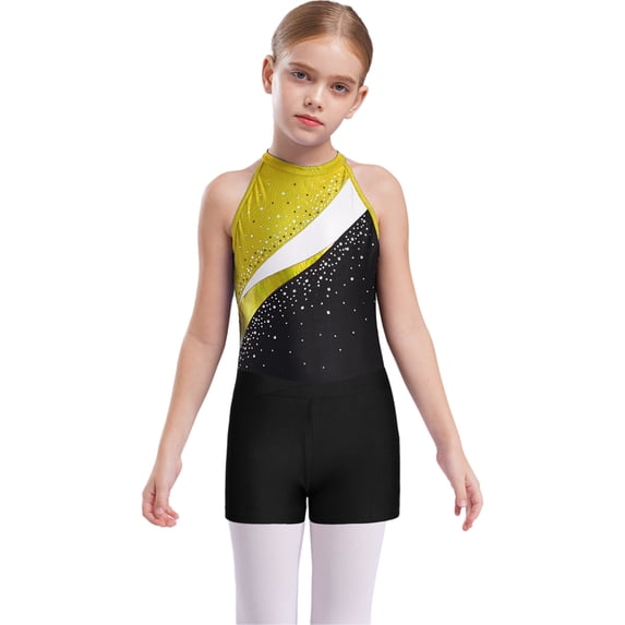 Raenseen Kids Girls Sleeveless Gymnastics Leotard Ballet Dance Biketard Unitard with Shorts Hair Tie Set Swimsuit Yellow&Black 16