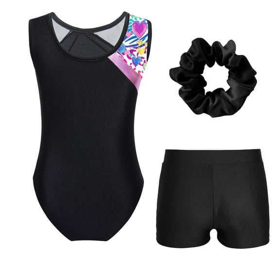 Raenseen Kids Girls Sleeveless Gymnastics Leotards Dance Ballet Unitard with Shorts Hair Band Set Colorful Heart&Black 10