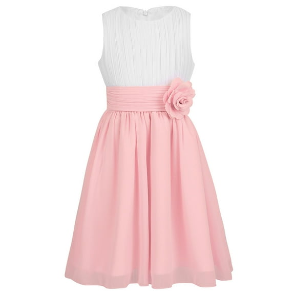 Raenseen Kids Girls Sleeveless Round Neckline Pleated Flower Brooch Chiffon Dress Party Wedding Dress White&Pink 8