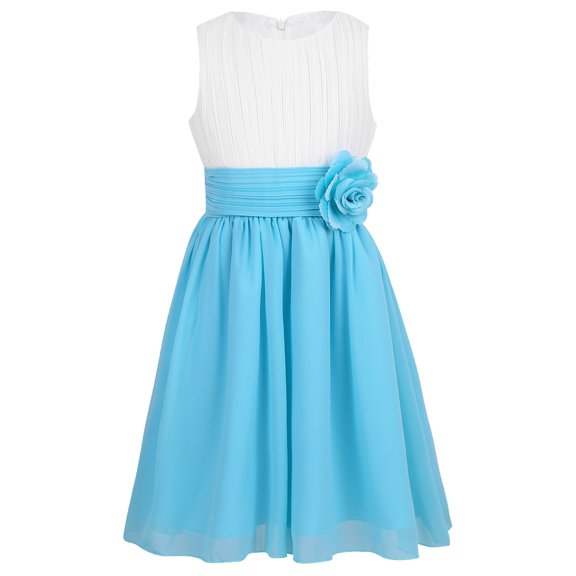Raenseen Kids Girls Sleeveless Round Neckline Pleated Flower Brooch Chiffon Dress Party Wedding Dress White&Sky Blue 12