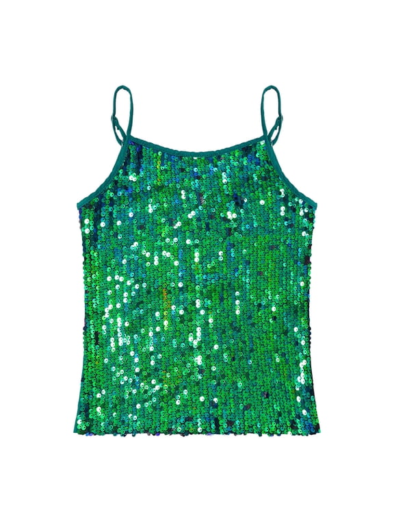Kids Girls Sleeveless Sequins Camisole Cami Top Tank Jazz Hip Hop Dance Top Performance Green 8