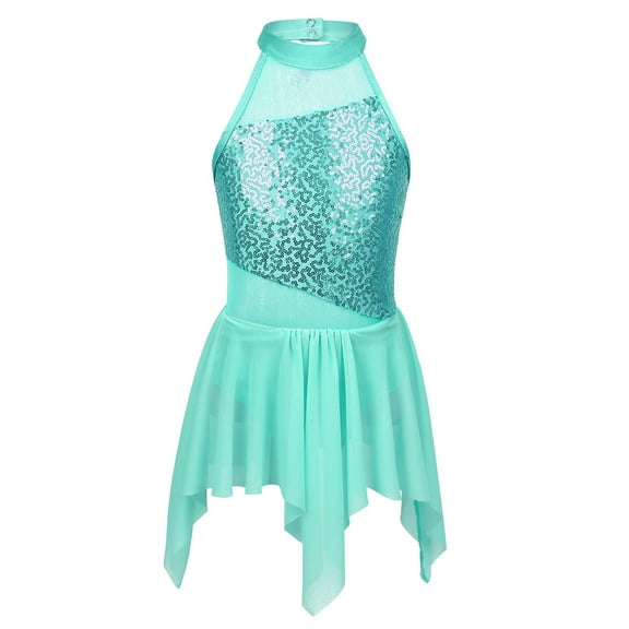 Raenseen Kids Girls Sleeveless Shiny Sequins Asymmetrical Hem Ballerina Lyrical Modern Dance Leotard Turquoise 8