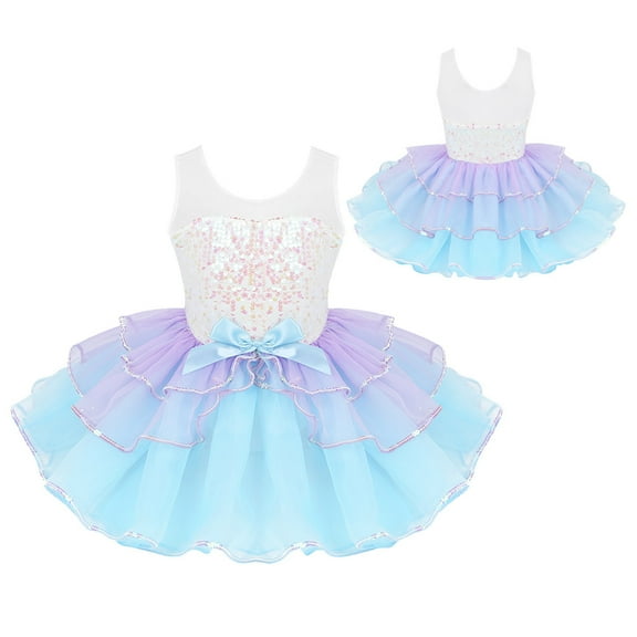 Raenseen Kids Girls Sleeveless Shiny Sequins Ballet Gym Dance Leotard Tutu Dress Ballerina Costume Light Blue 10