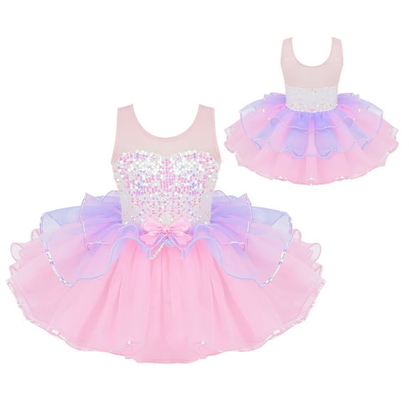 Raenseen Kids Girls Sleeveless Shiny Sequins Ballet Gym Dance Leotard Tutu Dress Ballerina Costume Pink 3T
