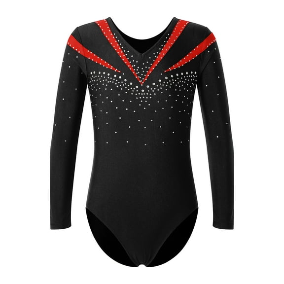 Raenseen Kids Girls Sparkly Rhinestone Long Sleeve Gymnastics Dance Leotard Yoga Bodysuit Unitard Biketard Dancewear Red 8