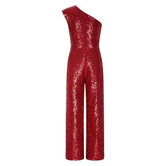Raenseen Kids Girls Sparkly Sequin Jumpsuit One Shoulder Formal Romper Party Prom Long Pants Outfits Burgundy 14