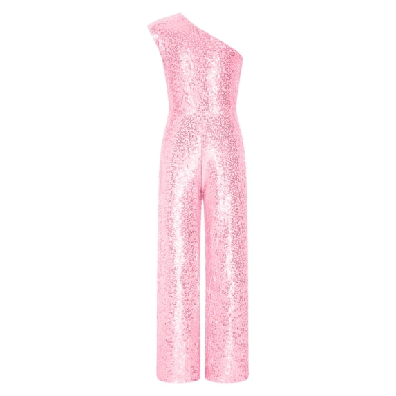 Raenseen Kids Girls Sparkly Sequin Jumpsuit One Shoulder Formal Romper Party Prom Long Pants Outfits Pink 8