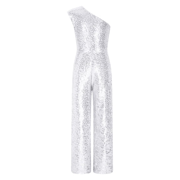 Raenseen Kids Girls Sparkly Sequin Jumpsuit One Shoulder Formal Romper Party Prom Long Pants Outfits Silver 14