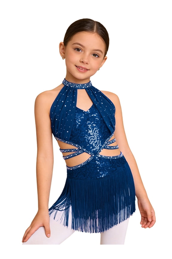 Kids Girls Tassel Latin Dance Leotard Sleeveless Glittery Rhinestone Sequins Dress Navy Blue 6