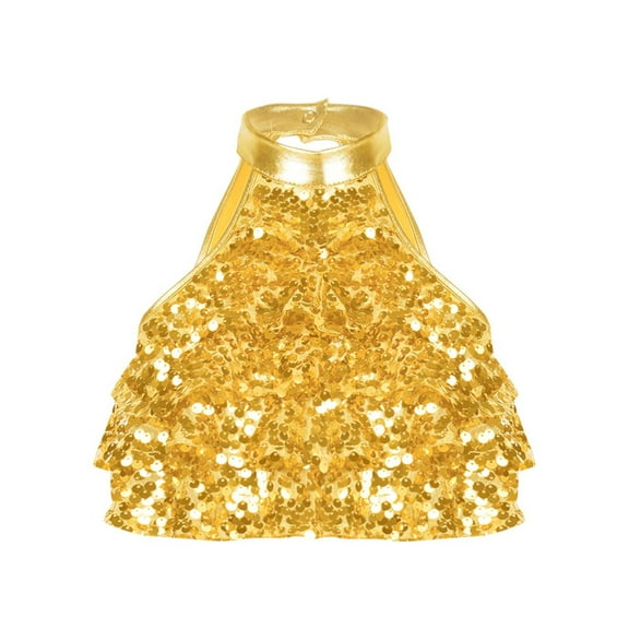 Raenseen Kids Girls Tiered Shiny Sequins Backless Jazz Latin Samba Dance Crop Tops Performance Shirts Dancewear Gold 16