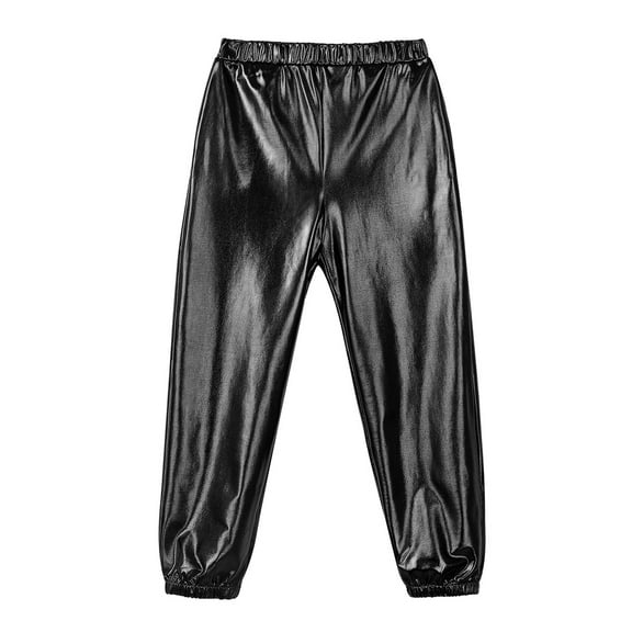 Raenseen Kids Hip Hop Jazz Outfit Gymnastic Zipper Metallic Jacket with Pants Hair Band Sport Black 12