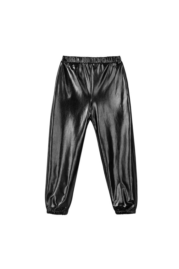 Kids Hip Hop Jazz Outfit Gymnastic Zipper Metallic Jacket with Pants Hair Band Sport Black 8