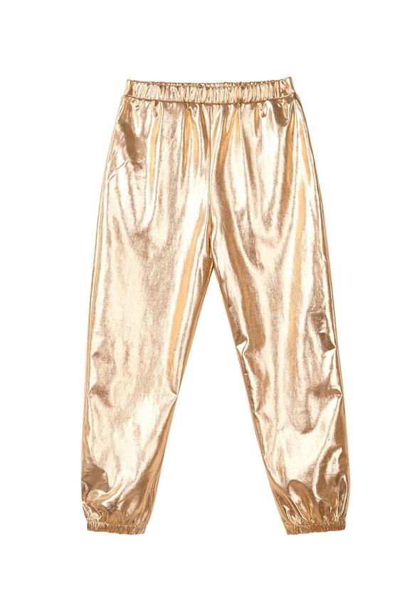 Kids Hip Hop Jazz Outfit Gymnastic Zipper Metallic Jacket with Pants Hair Band Sport Gold 12