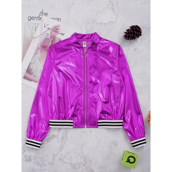 Raenseen Kids Hip Hop Jazz Outfit Gymnastic Zipper Metallic Jacket with Pants Hair Band Sport Purple&Black 6