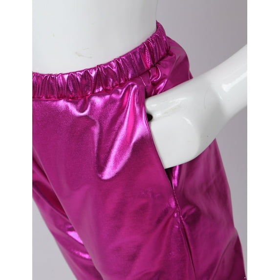 Raenseen Kids Hip Hop Jazz Outfit Gymnastic Zipper Metallic Jacket with Pants Hair Band Sport Rose 16