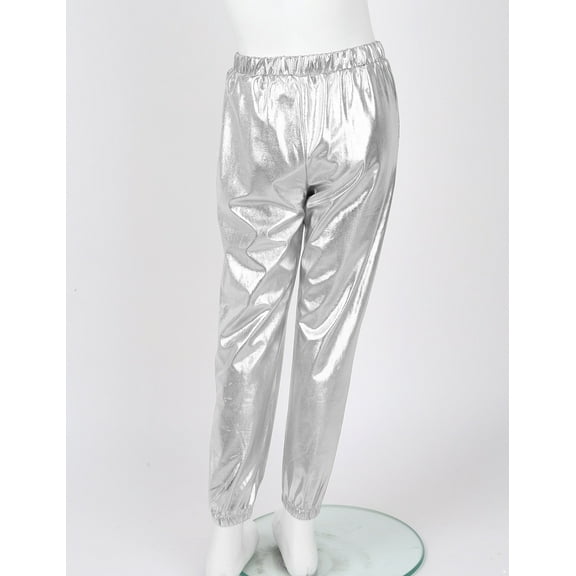 Raenseen Kids Hip Hop Jazz Outfit Gymnastic Zipper Metallic Jacket with Pants Hair Band Sport Silver 8