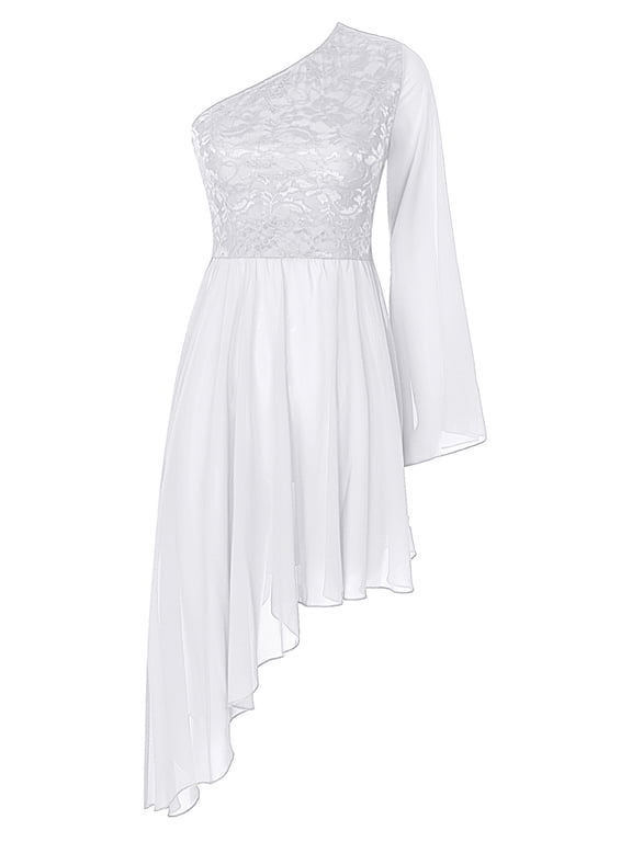 Liturgical Praise Dance Dress for Women One Shoulder Floral Lace Tunic Irregular Hem Worship Ivory XXL