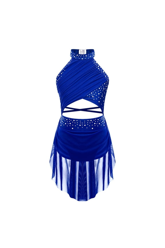 Lyrical Dance Dress for Girls Front Cutout Dance Leotard Dress Figure Ice Skating Dress Dancewear Blue 6