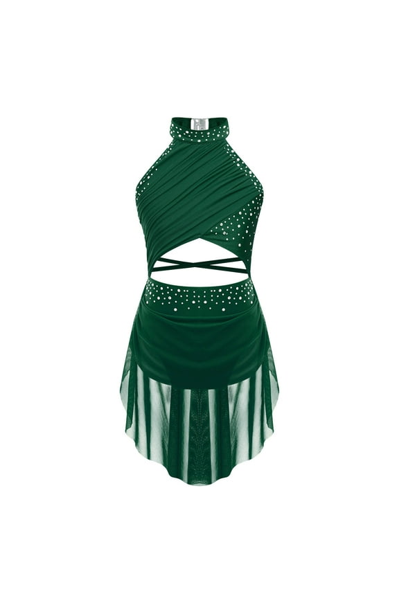Lyrical Dance Dress for Girls Front Cutout Dance Leotard Dress Figure Ice Skating Dress Dancewear Green 6